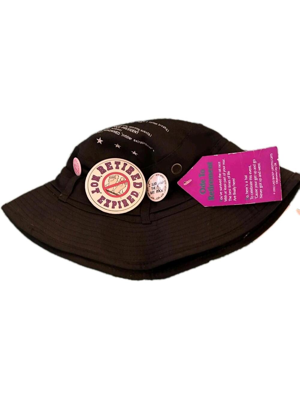 NWT Vintage 90’s Ode to Retirement Bucket Hat w/ Buttons, Tag & Pins Gag Size XL